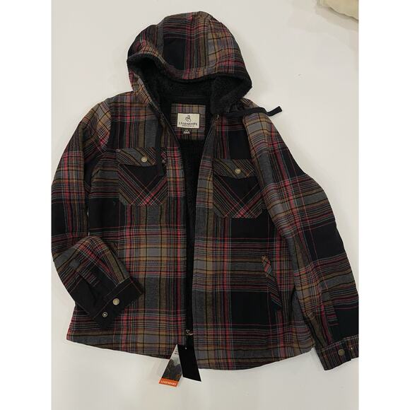 Women's Hooded Shacket Berber Lined Shirt Jacket Large Licorice Root Plaid NWT - Picture 6 of 8